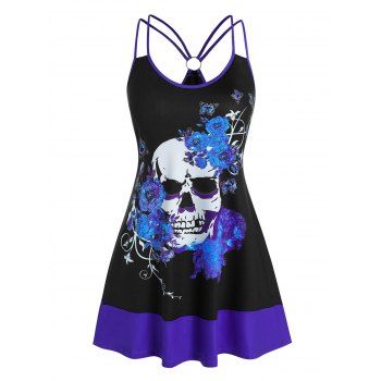 

Plus Size Floral Skull Print O Ring Swing Tank Top, Black
