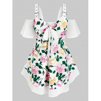 

Plus Size Cold Shoulder Floral Print Bowknot Blouse, White