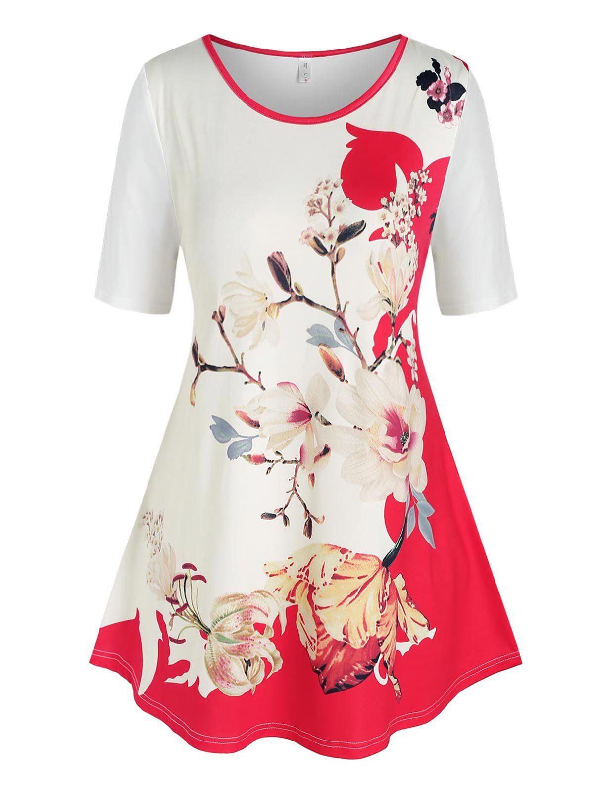 Plus Size Floral Print Tunic Tee - WHITE L