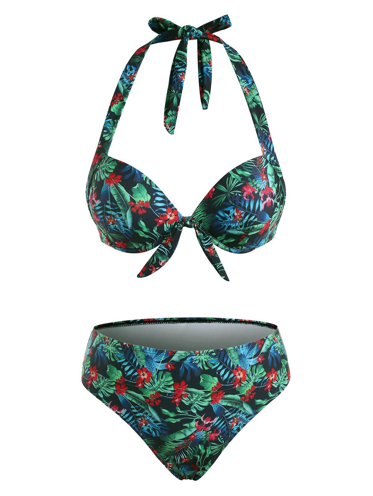 Halter Tropical Floral Leaf Knot Push Up Bikini Swimwear - BLACK XL