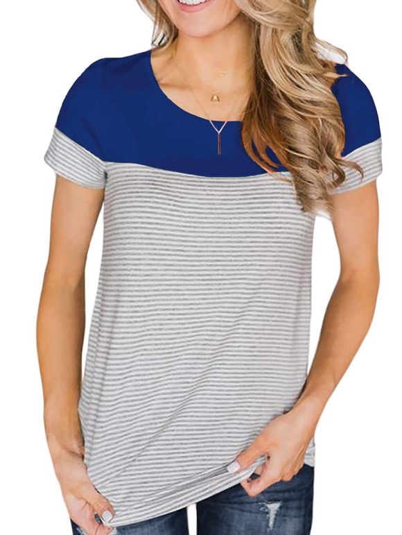 T-shirt Rayé à Ourlet Courbe - Bleu profond XL