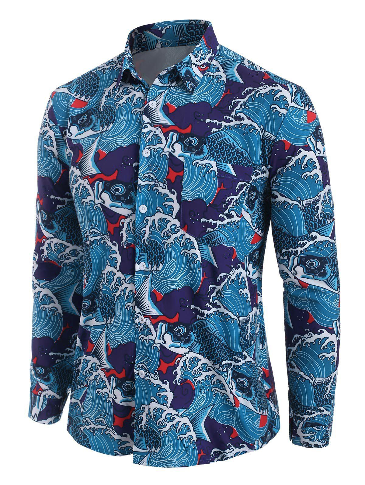 Sea Waves Fish Print Pocket Button Up Shirt - SILK BLUE 2XL