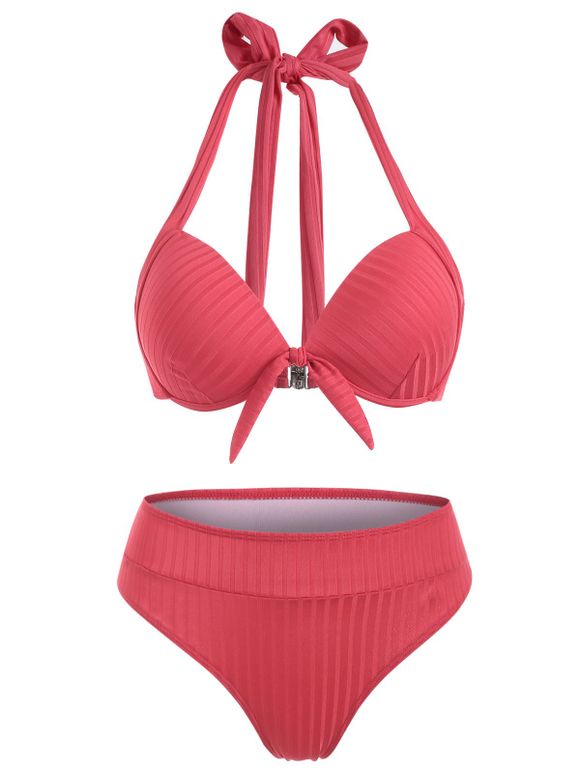 Maillot de Bain Bikini Côtelé Dos-Nu avec Nœud - Rouge XL