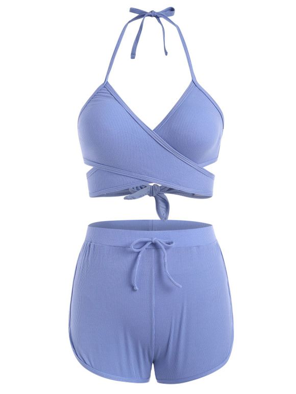 Maillot de Bain Bikini Côtelé Trois-Pièces à Col Halter - Bleu XL