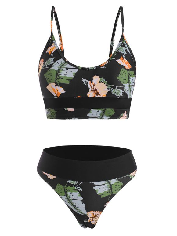 Maillot de Bain Bikini Fleuri Feuille Tropicale - Noir XL