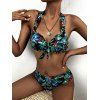 Halter Tropical Floral Leaf Knot Push Up Bikini Swimwear - BLACK XL