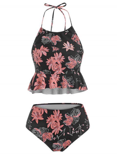 Maillot de Bain Tankini Fleur à Volants à Col Halter