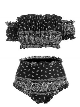 Off Shoulder Paisley Print Frilled Ruched Two Piece Swimsuit