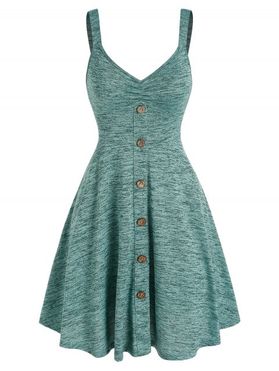 Space Dye Print Mini Dress Mock Button Ruched Bust Casual Dress V Neck Sleeveless A Line Dress