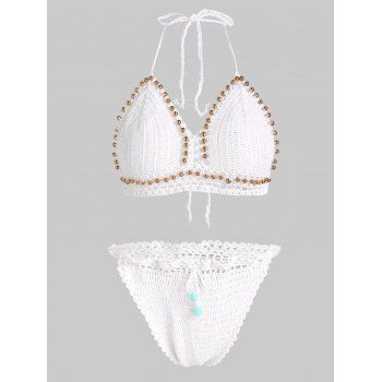 

Knit Beading Halter Bikini Set, White