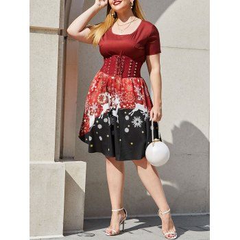 

Plus Size Christmas Snowflake Elk Print Dress, Red wine