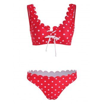 

Polka Dot Lace-up Scalloped Bikini, Red