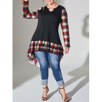 

Plus Size Keyhole Plaid Flounced High Low T Shirt, Red