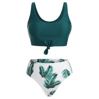 

Leaf Print Knot High Waisted Tankini Swimsuit, Peacock blue