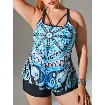 

Plus Size Aztec Print Cutout Boyleg Tankini Swimwear, Light green