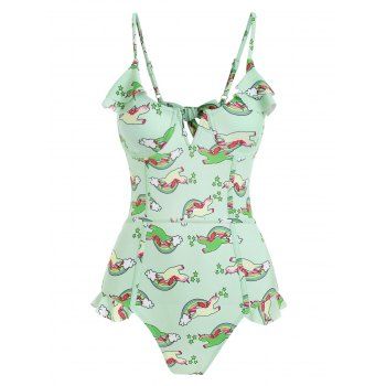 

V-wired Rainbow Unicorn Print Underwire Ruffle One-piece Swimsuit, Light green