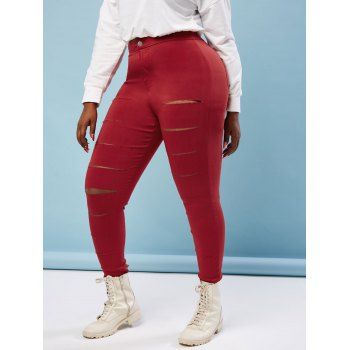 

Colored Ladder Ripped Plus Size Skinny Pants, Red