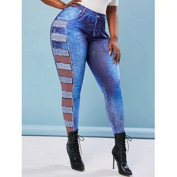 

3D Rhinestone Print High Waisted Plus Size Jeggings, Blue