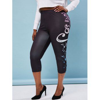 

Plus Size Music Notes Print Capri Leggings, Black