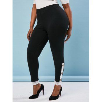 

Scalloped Lace Trim Buttoned Side Plus Size Leggings, Black