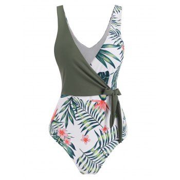 

Floral Leaf Surplice-front Tie Tropical One-piece Swimsuit, Deep green