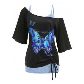 

Plus Size Skew Neck Butterfly Print Cinched Tee and Lace Tank Top Twinset, Black