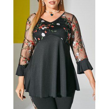 

Floral Embroidered Mesh Panel V Neck Plus Size Top, Black