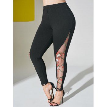 

Floral Embroidered Mesh Panel Plus Size Leggings, Black