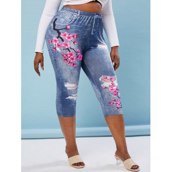 

Plus Size Flower 3D Printed Capri Jeggings, Light blue