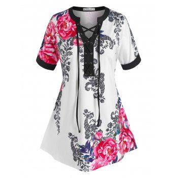 

Plus Size Flower Print Lace-up Short Sleeve Tee, Multicolor