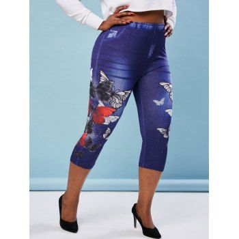 

Plus Size Butterfly 3D Print Cropped Jeggings, Blue