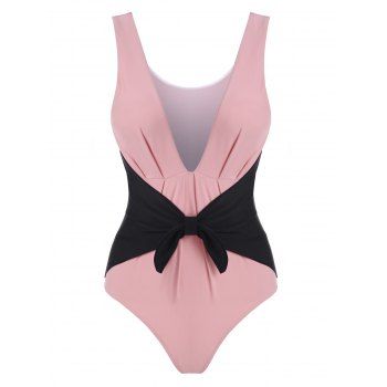 

Contrast Bowknot Pleated Detail One-piece Swimsuit, Light pink