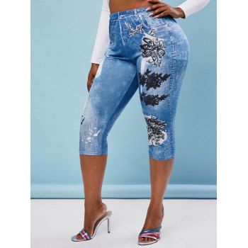 

Plus Size 3D Print Cropped Skinny Jeggings, Blue