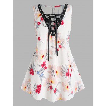 

Plus Size Sleeveless Lace Up Floral Print Blouse, White