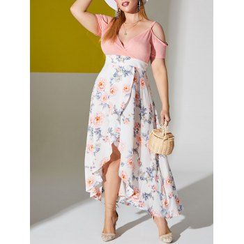 

Plus Size Floral Print Cold Shoulder High Low Maxi Dress, Multicolor