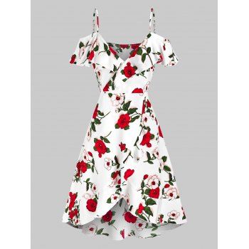 

Floral Print Cold Shoulder Ruffle Dress, White