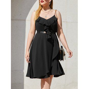 

Plus Size Ruffle Sleeveless Chain Strap Overlap Dress, Black