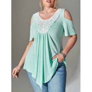 

Plus Size Open Shoulder Lace Applique Tee, Light green