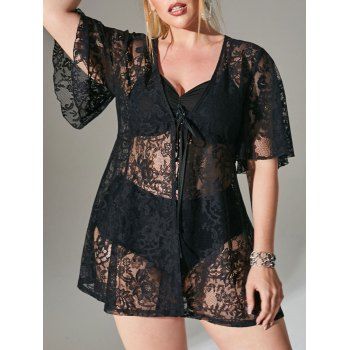 

Plus Size Tie Front Flower Lace Beach Cover Up, Black