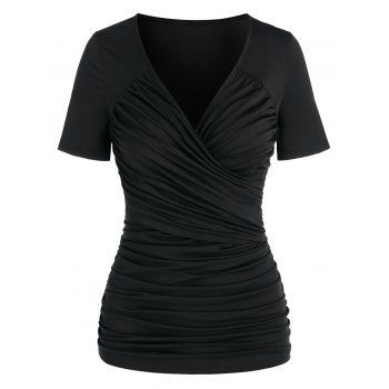 

Short Sleeve Ruched Surplice T-shirt, Black