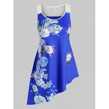 

Plus Size Mesh Panel Flower Printed Tank Top, Blue