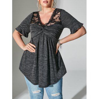 

Plus Size Floral Lace Panel Flare T Shirt, Dark gray