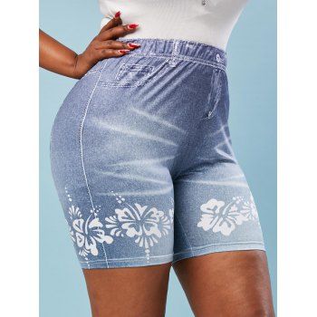 

Plus Size 3D Jean Print Stretchy Biker Shorts, Light blue