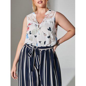 

Plus Size Lace Insert Floral Printed Tank Top, White