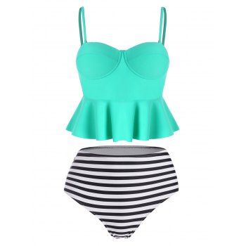 

High Waisted Striped Peplum Corset Style Tankini Set, Green