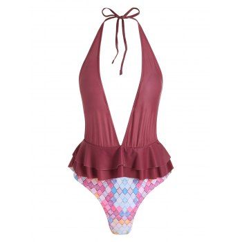 

Vintage Plunge Peplum One Piece Swimwear, Wine red