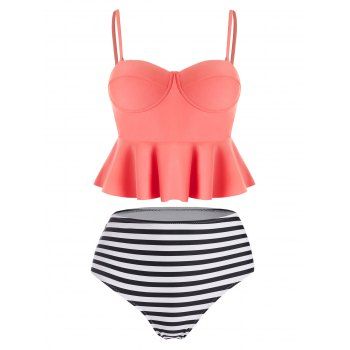 

High Waisted Striped Peplum Corset Style Tankini Set, Coral