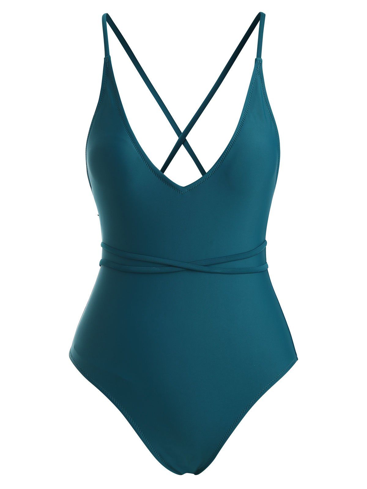Crisscross High Leg One-piece Swimwear - GREENISH BLUE M