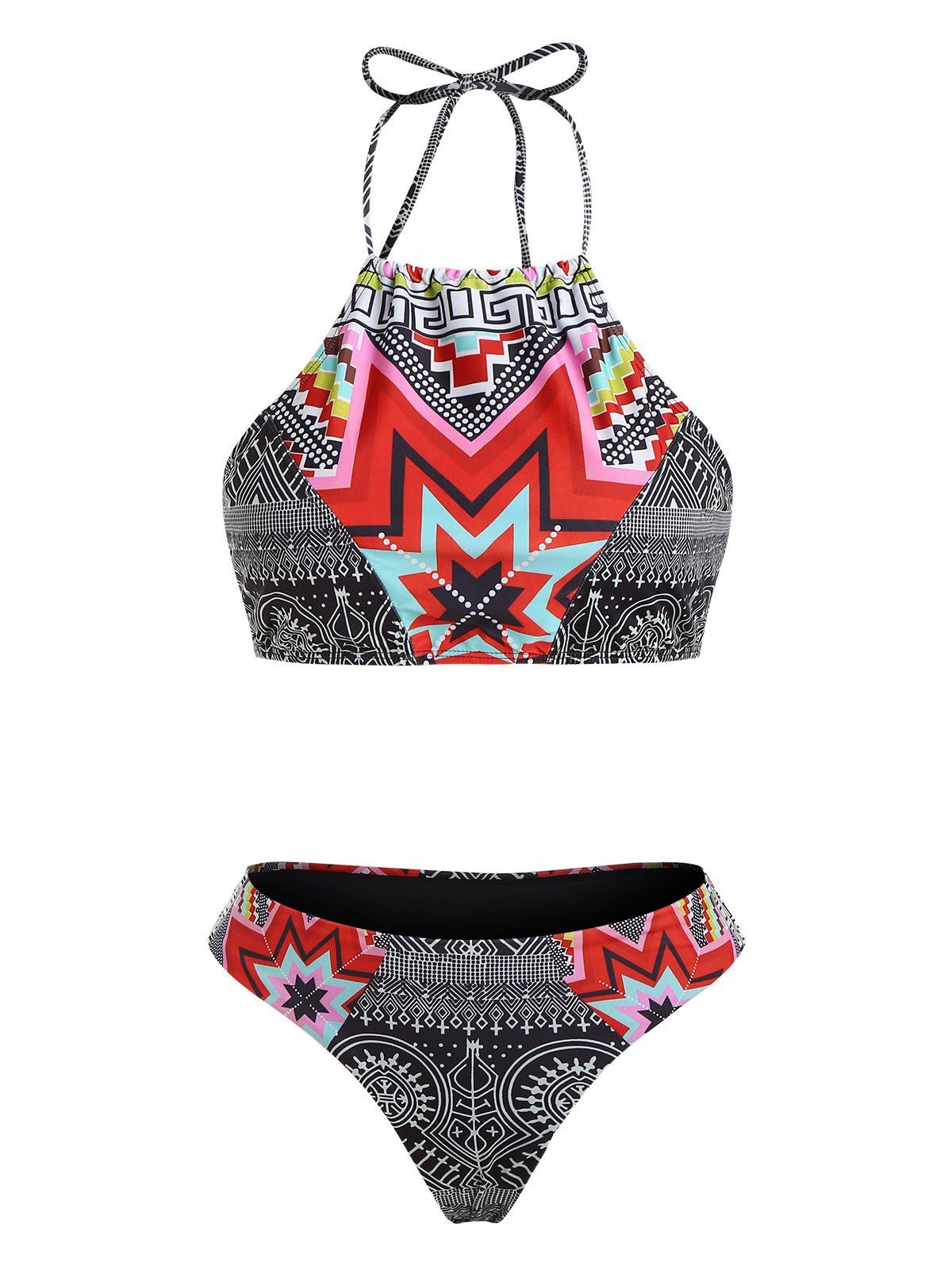Ethnic Style Geometrical Halter Bikini Set - BLACK M