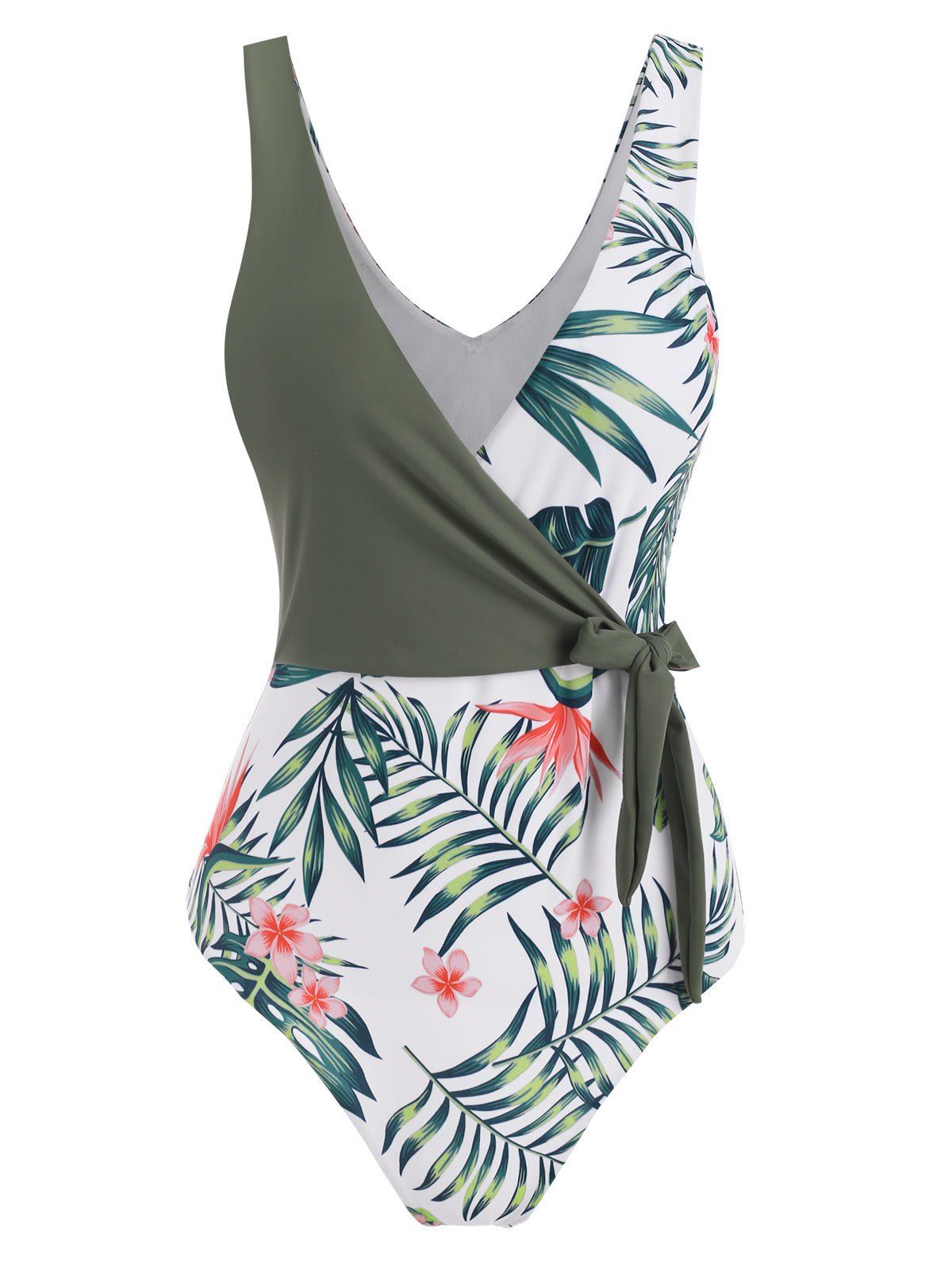 Floral Leaf Surplice-front Tie Tropical One-piece Swimsuit - DEEP GREEN M